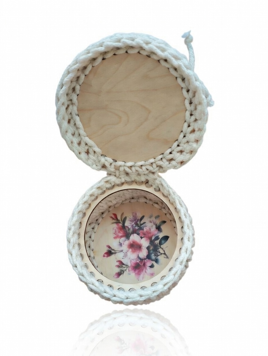 Handmade Wooden Jewelry Box with Crocheted Trim - Image 2